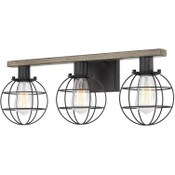Wholesale - Nash 24" 3-Light Modern Farmhouse Vanity / Bathroom Light + Orb Cage Shades, Reclaimed Oak Wood Style + Textured Black Finish, UPC: 810018526047